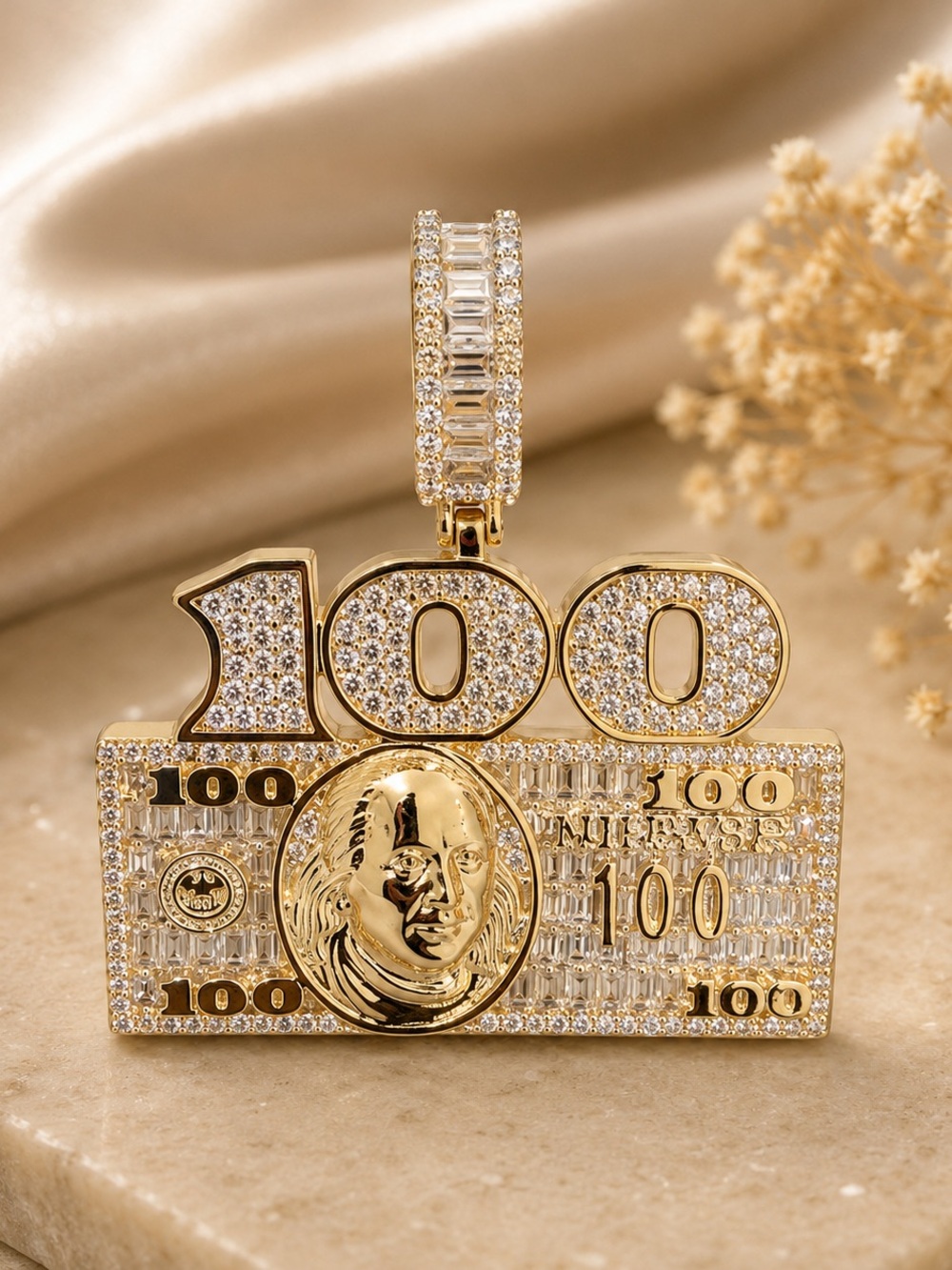 14K Gold Filled 100 Dollar Bill AAAAA CZ Pendant Necklace - Men’s. Stamped.